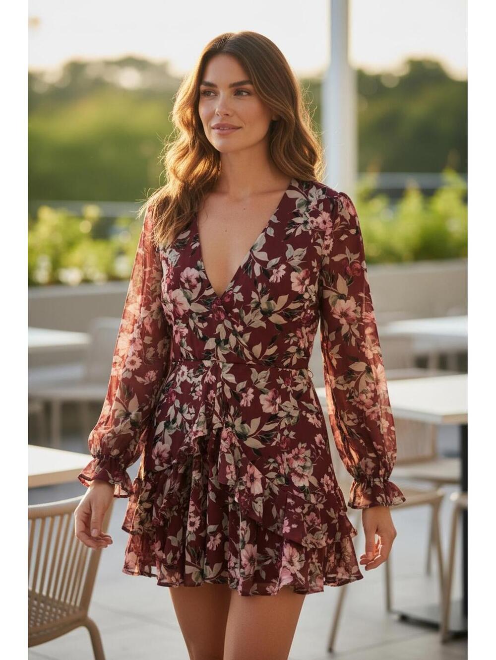 miami Burgundy Floral V-Neck Long Sleeve Mini Dress